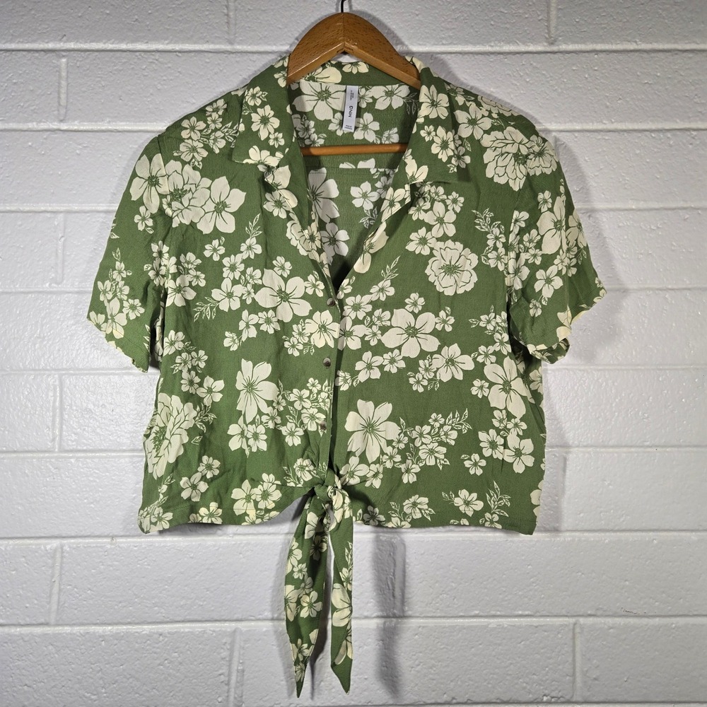 Mango MNG Floral Tie Front Crop Top Blouse 12 Short Sleeve Hawaiian Resort